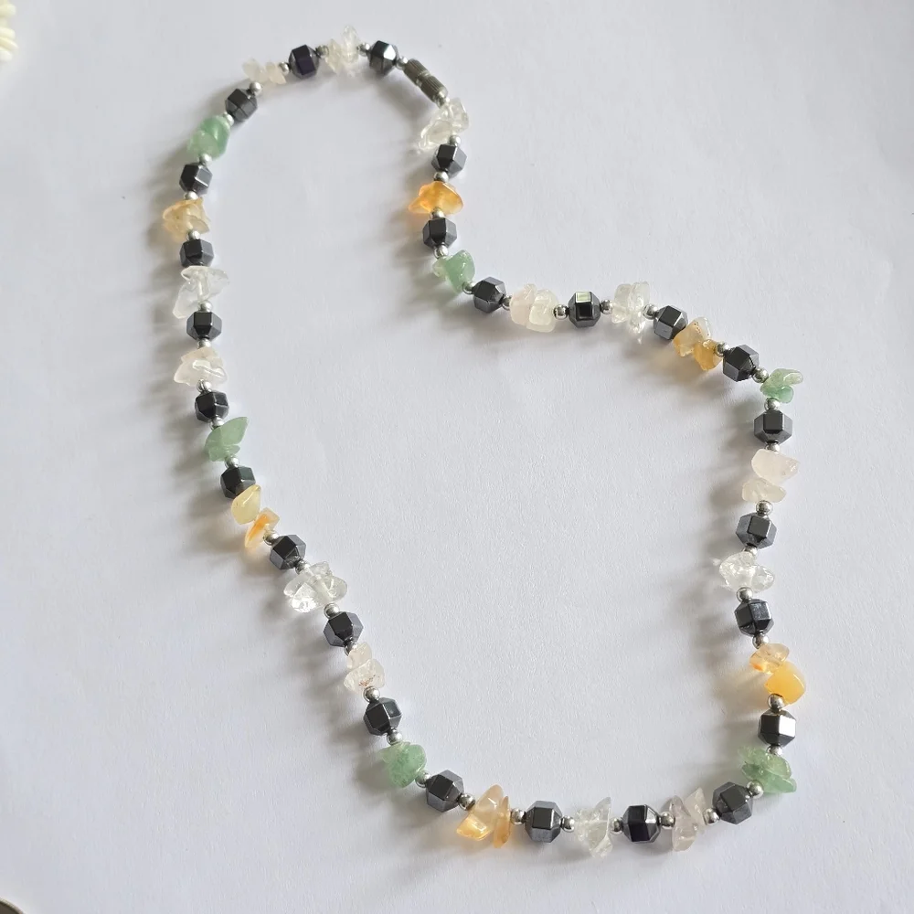 Handmade gemstone necklace beaded yellow green grey gray silver tone clear